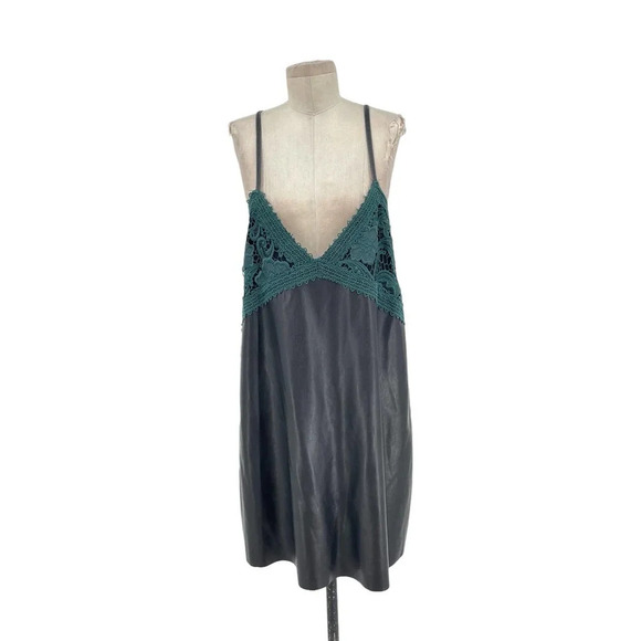 Zara Dress Faux Leather Crochet Embroidered Slip Mini‎ Black Green Size Large - Picture 2 of 7